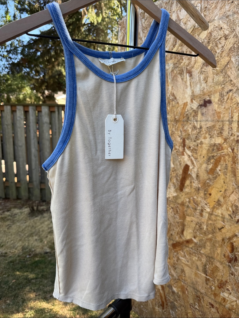 By Together Cream Ribbed Tank with Blue Trim